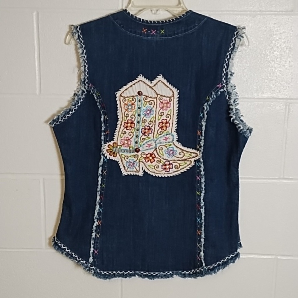 Rare Boutique Western Denim Vest Raw Edges Embroidery Beads Bling C Boots Med